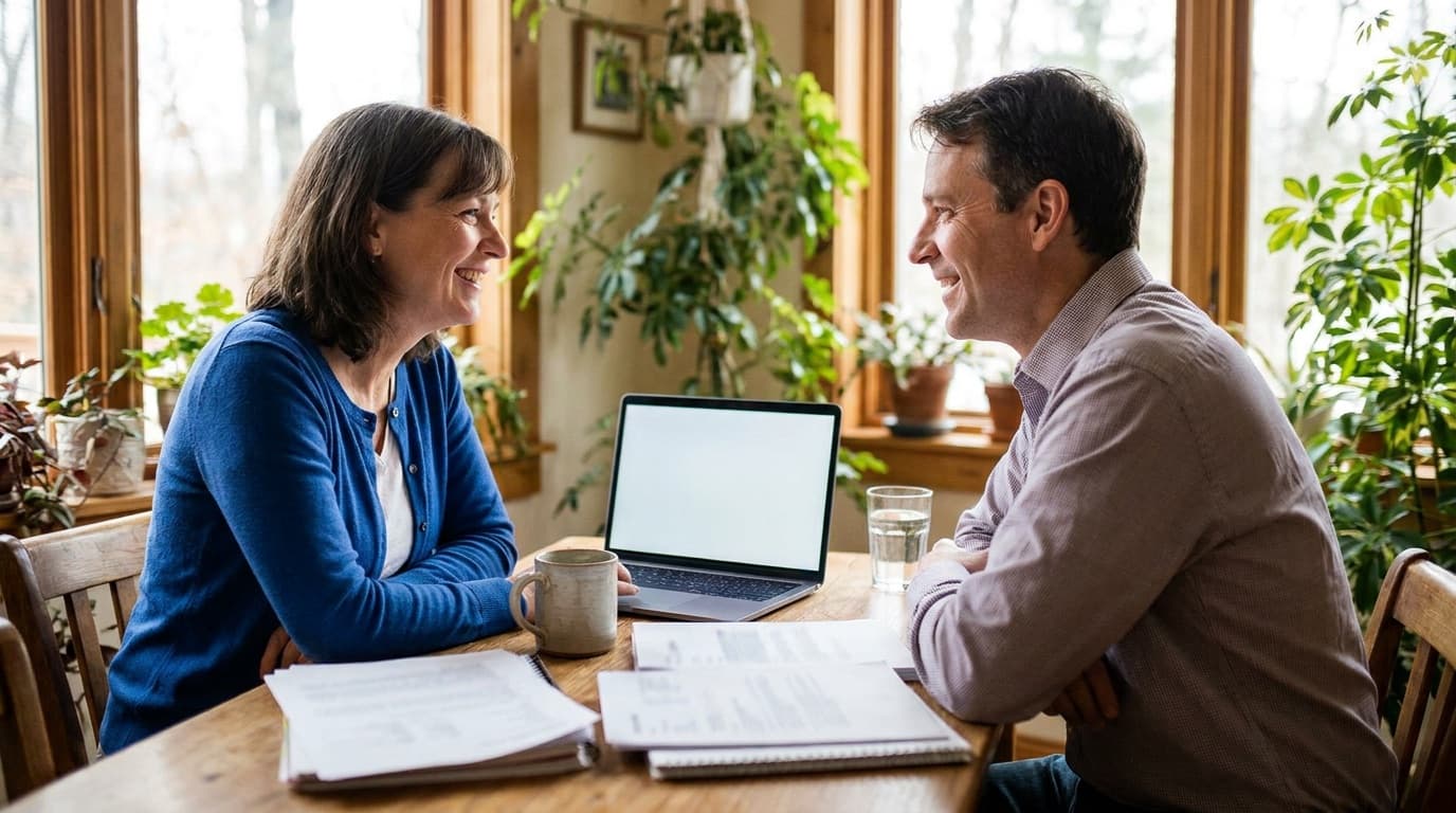 Twee mensen in gesprek aan tafel met laptop en documenten