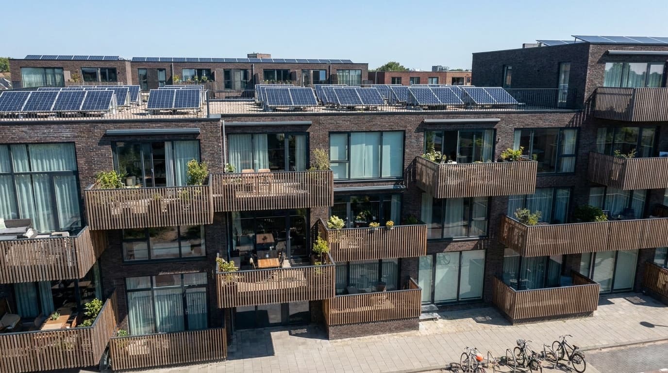 Modern appartementengebouw met zonnepanelen op het dak
