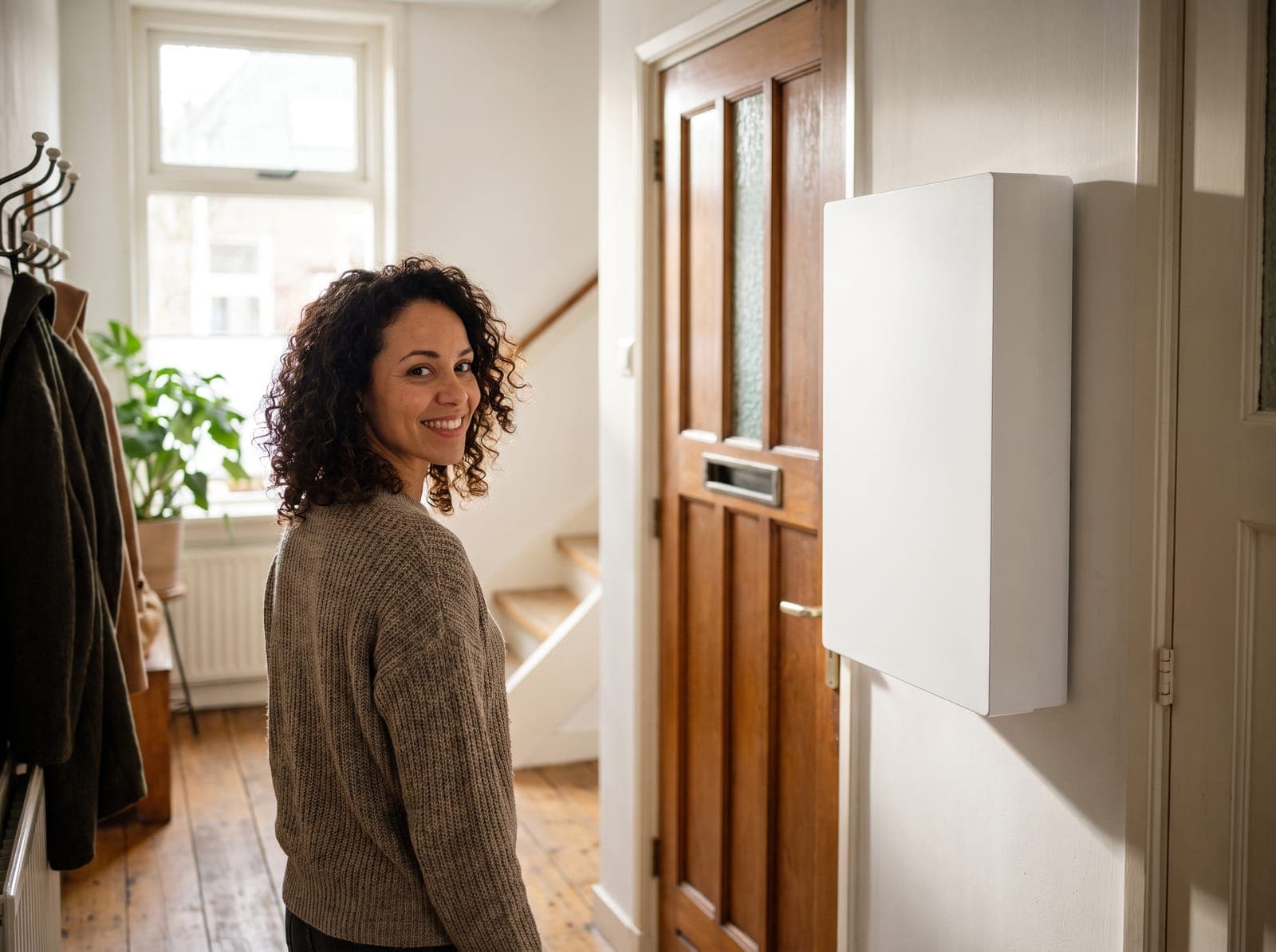 Iemand bekijkt de thuisbatterij in de hal