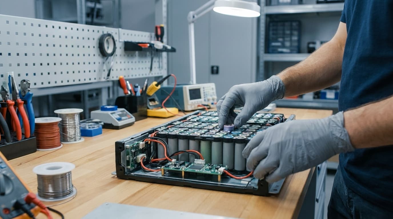 Technicus inspecteert losse batterijcellen op een werkbank
