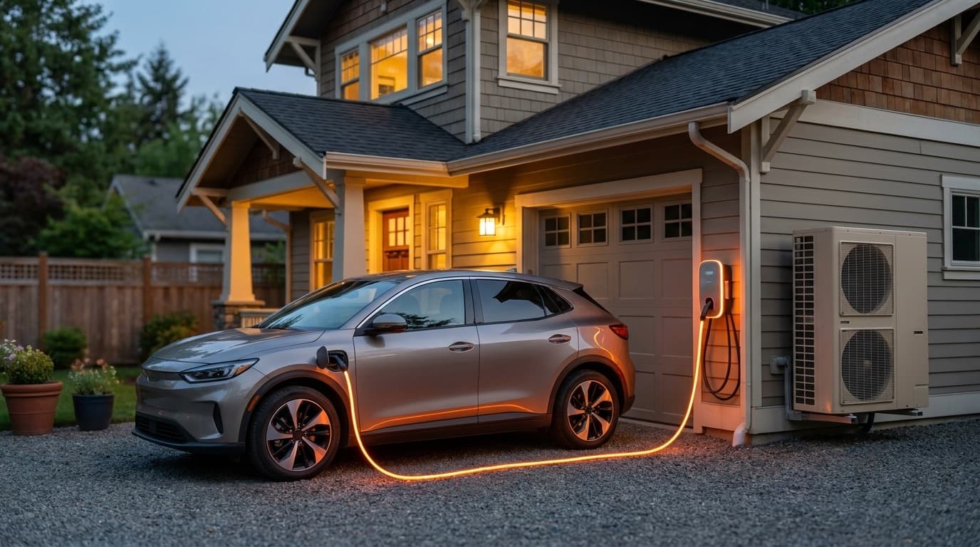 Elektrische auto laadt op bij een huis met een warmtepomp