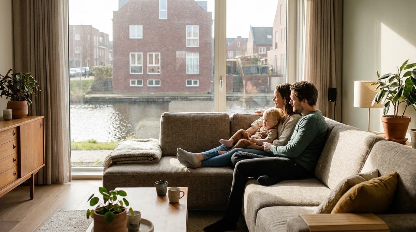 Gezin ontspant samen in een lichte woonkamer