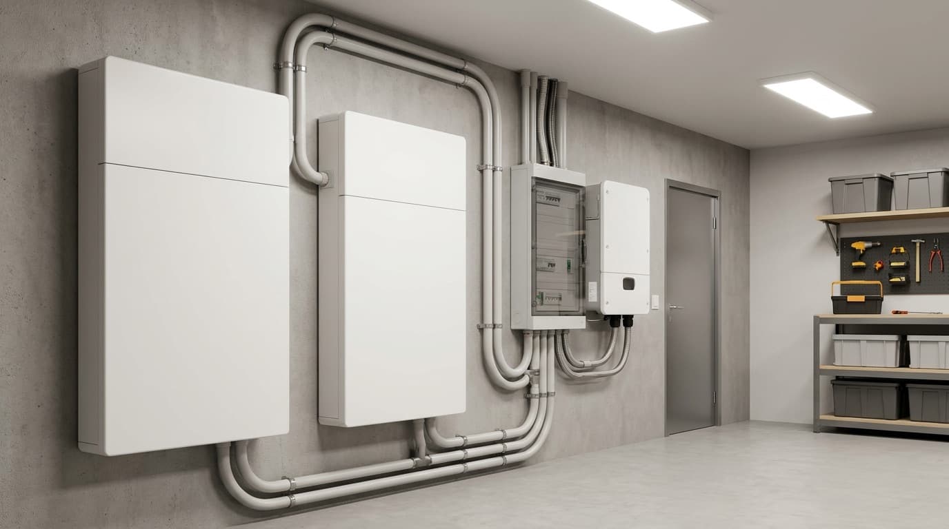 Twee grote thuisbatterijen naast elkaar in een garage