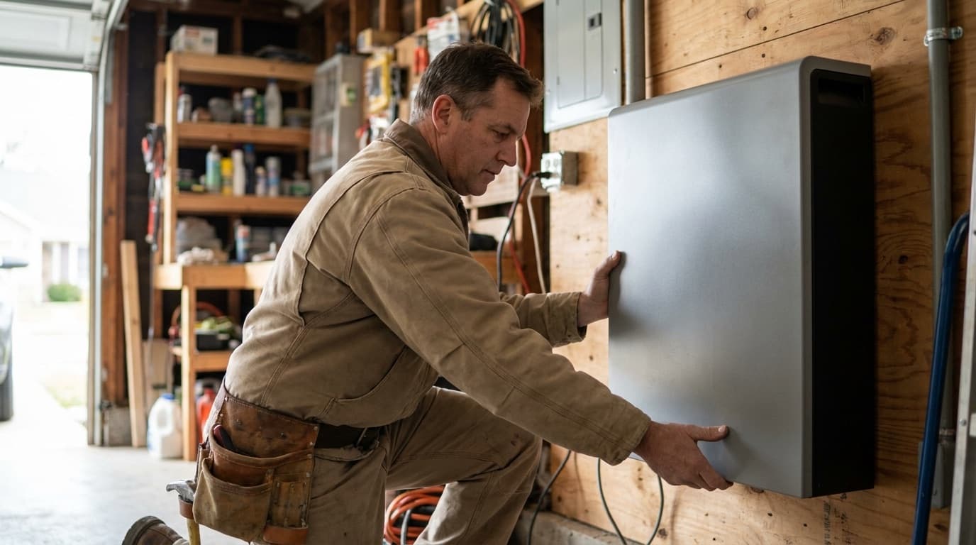 Installateur bevestigt een thuisbatterij aan de muur