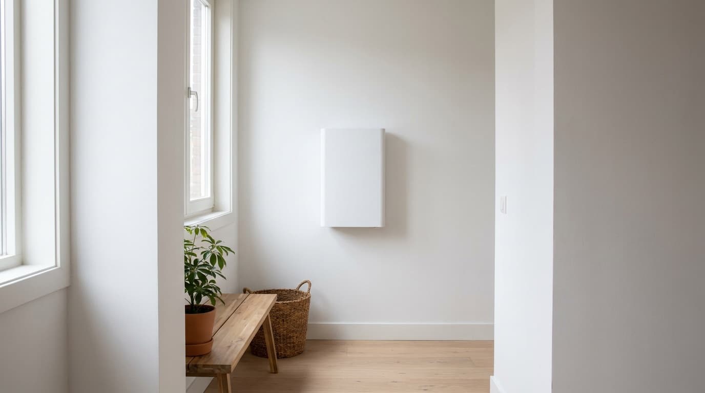 Compacte thuisbatterij in een kleine hal