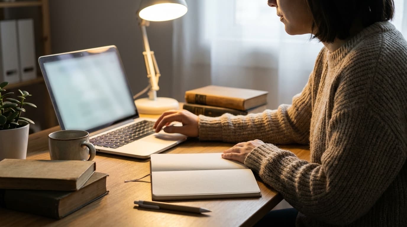 Iemand vergelijkt opties achter een laptop met notitieboek