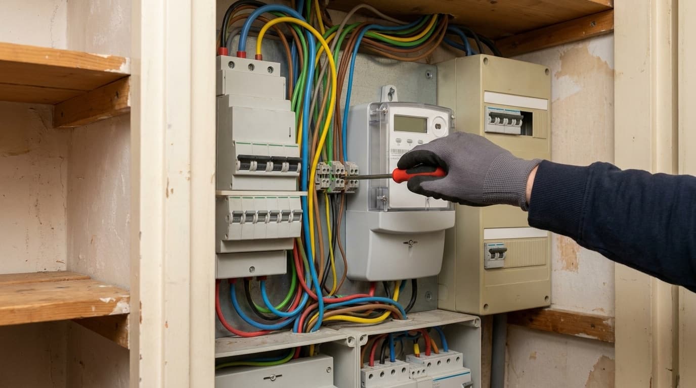Technicus werkt aan een open meterkast