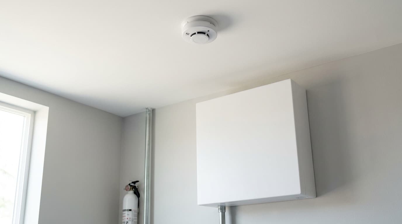 Rookmelder aan het plafond boven een geinstalleerde thuisbatterij
