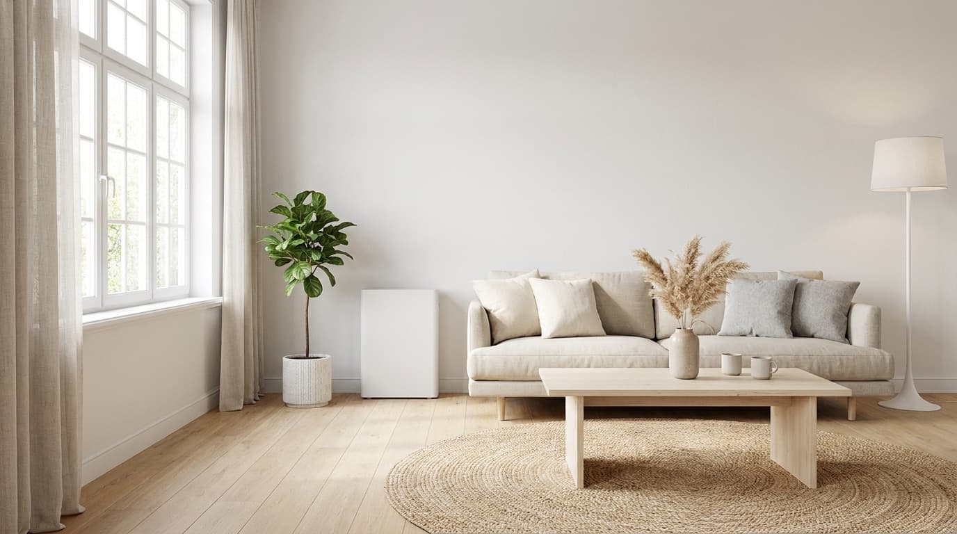 Minimalistische Scandinavische woonkamer met een compacte thuisbatterij