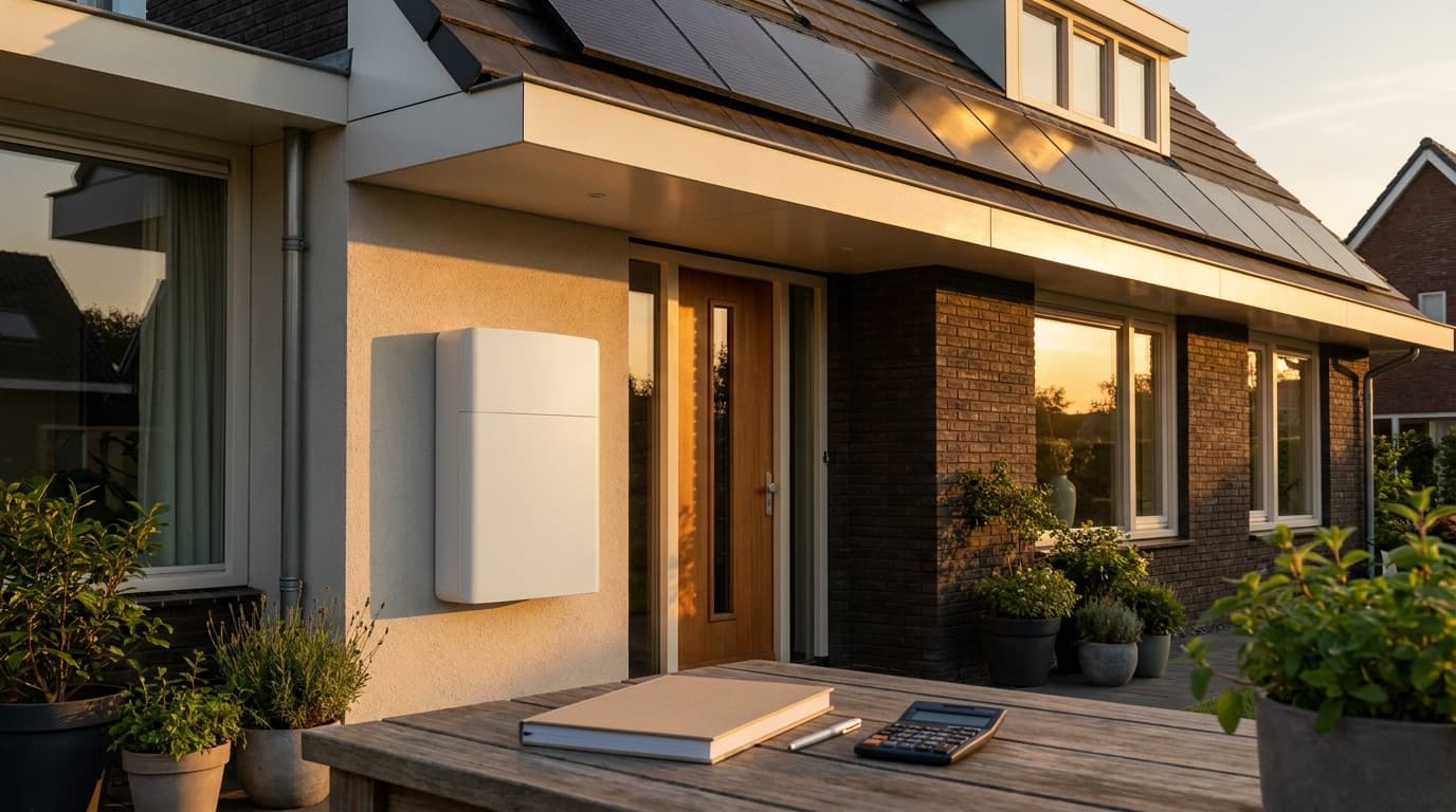 Thuisbatterij aan de buitenmuur van een woning met zonnepanelen, bij zonsondergang
