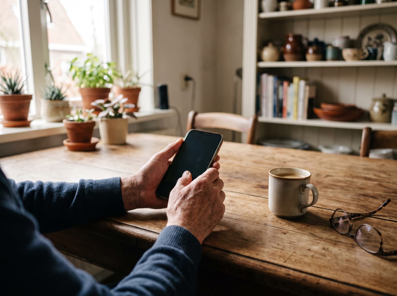 Iemand berekent thuis zijn energieverbruik op de telefoon